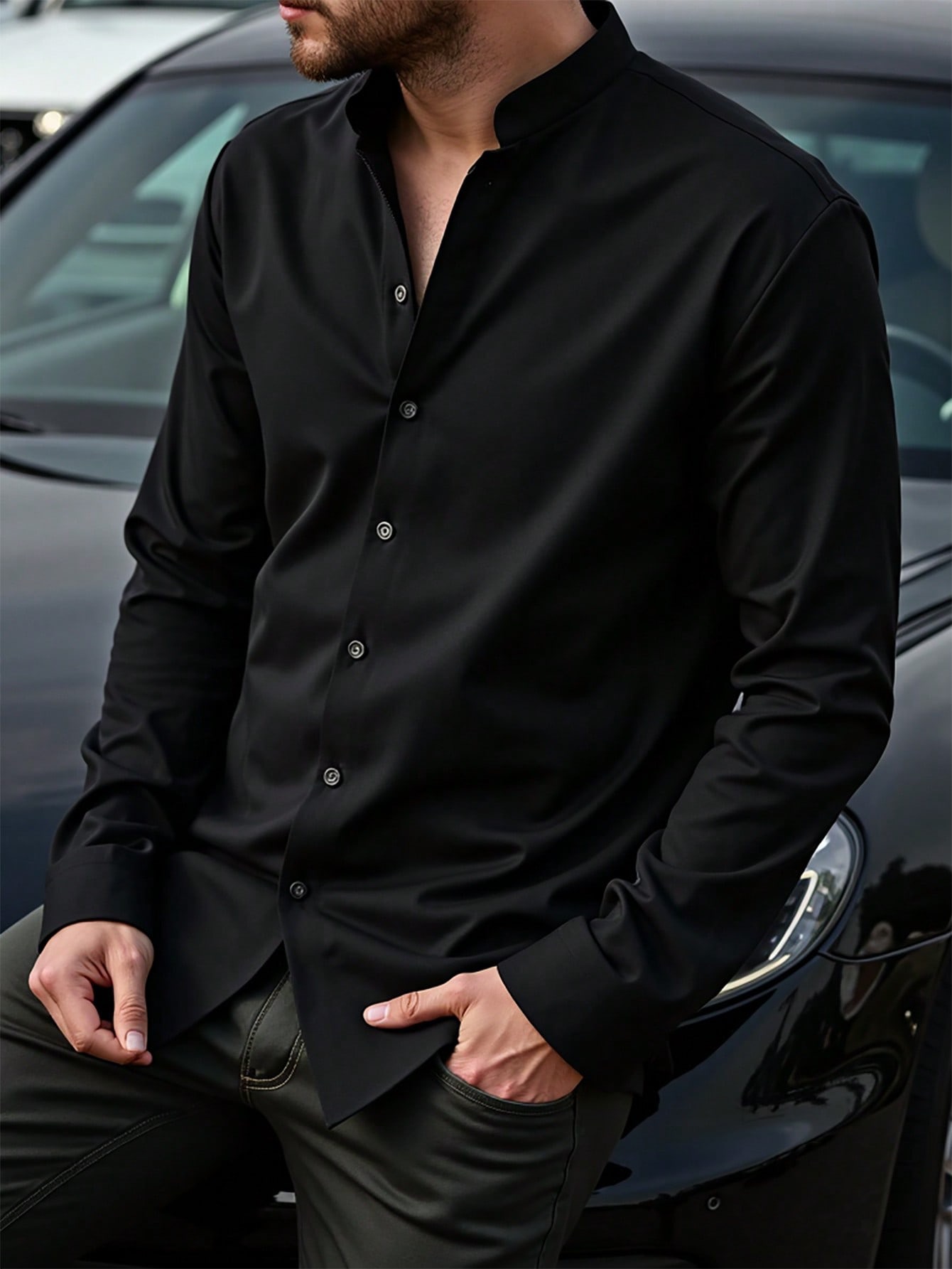 M - Camisa manga larga cuello mao