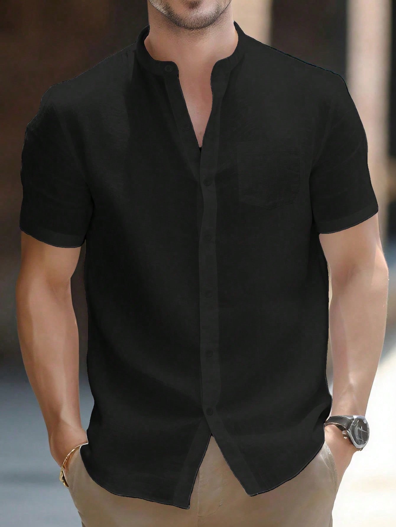 Camisa cuello mao unicolor