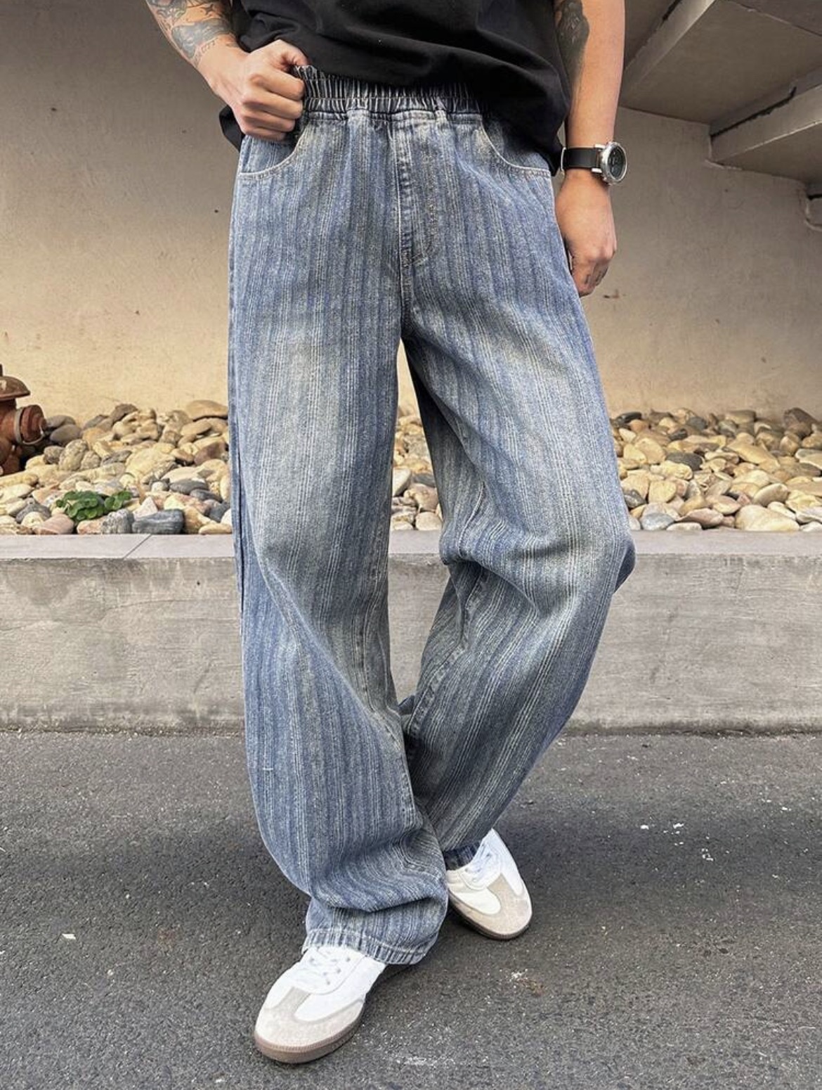 L(36) - DAZY jeans a rayas con cintura elástica